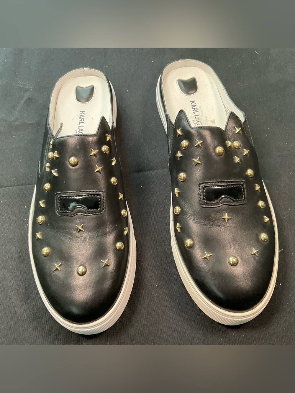 Karl Lagerfeld Black Leather Slip-On Sneakers with Gold Studs